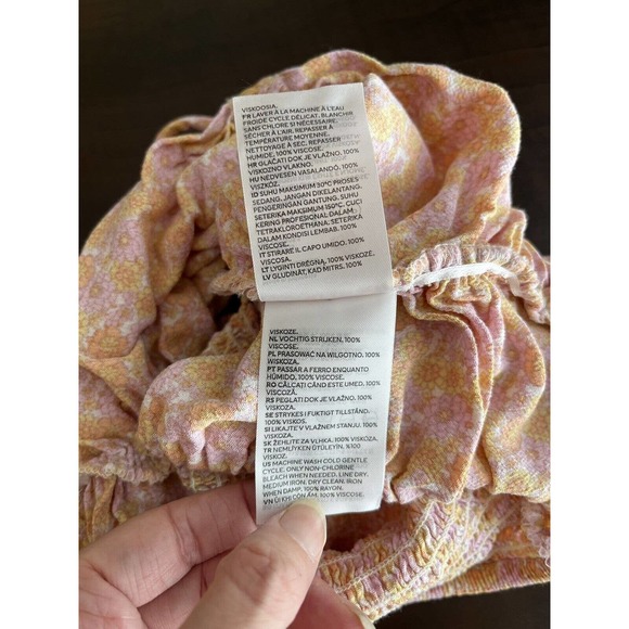 H&M Pink Yellow Cottagecore Floral Print Smocked Peasant Style Crop Top Sz Small - Picture 6 of 6